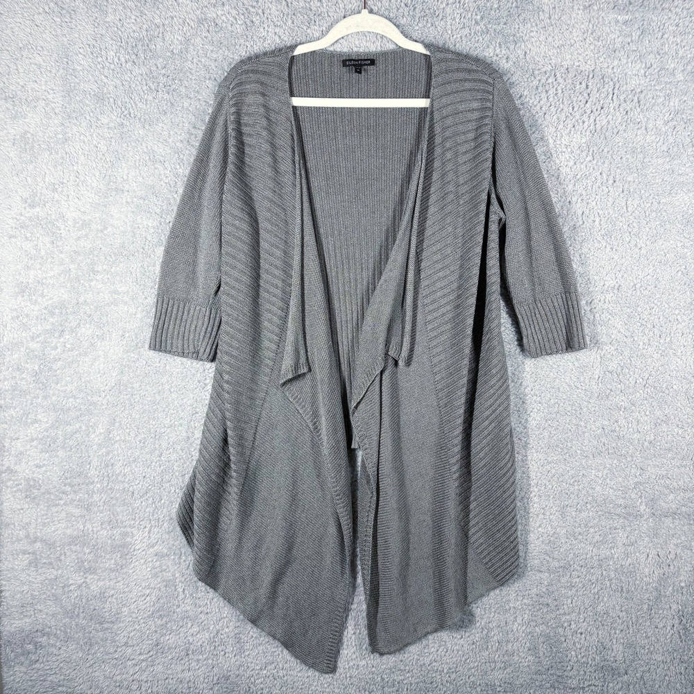 Eileen Fisher Linen Silk Rib Knit Waterfall Hem Cardigan Size M Gray 3/4 Sleeve‎